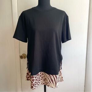 Ann Taylor Medium Black Tee w Leopard Print Hem